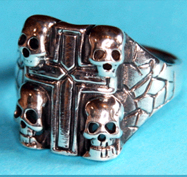 Totenkopf Ring - 4 Totenköpfe mit Kreuz